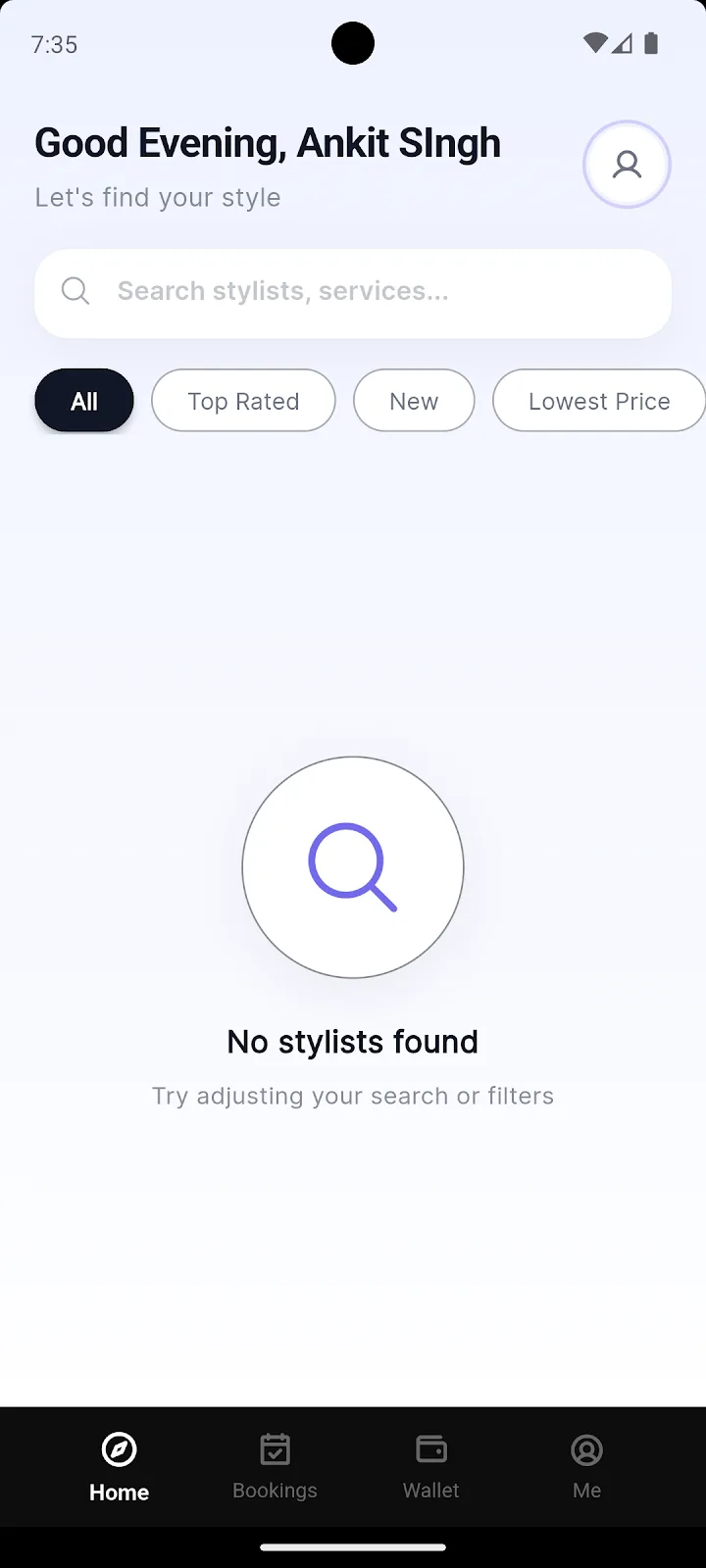 Aura home screen with a search for stylists and filters