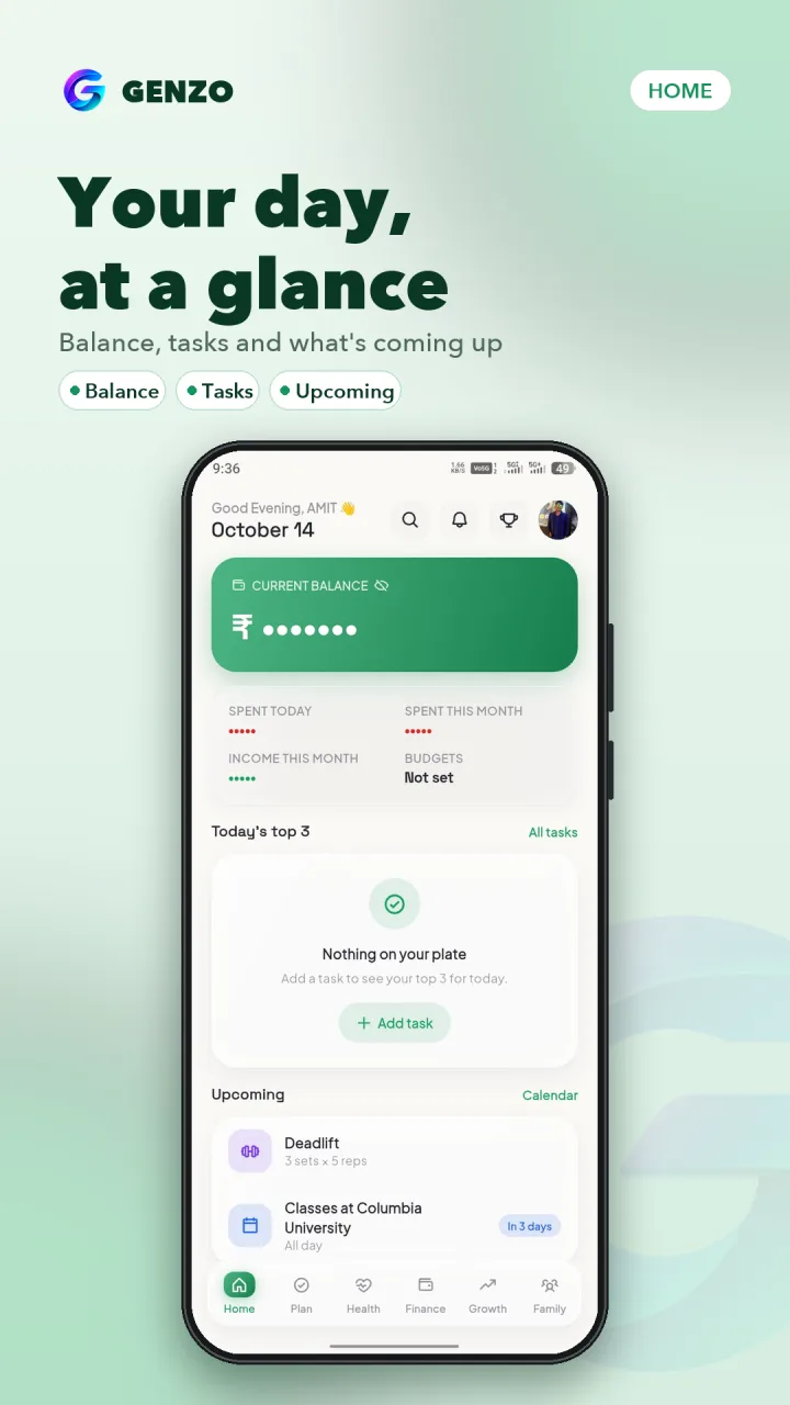 Genzo home: your day at a glance with balance, tasks and what is coming up